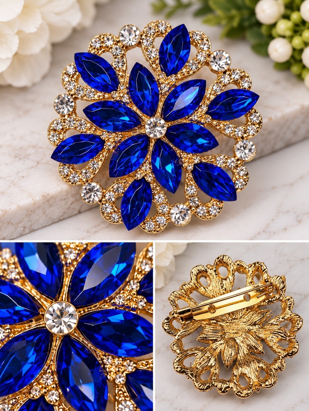Royal Blue Rhinestone Floral Statement Brooch